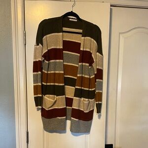 Staccato Olive, Rust & Cream Striped Open Cardigan
